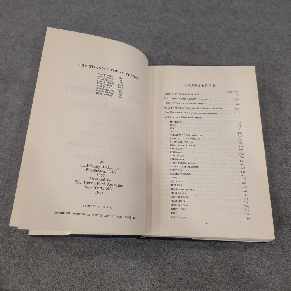 The New Testament In Four Versions Parallel Texts KJV RSV Phillips NEB 1965 VG - Picture 2 of 2